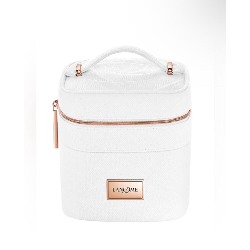 NEW Lancôme White Vanity Cosmetic Travel Case Makeup Pouch Rose Gold Zip - Picture 1 of 6